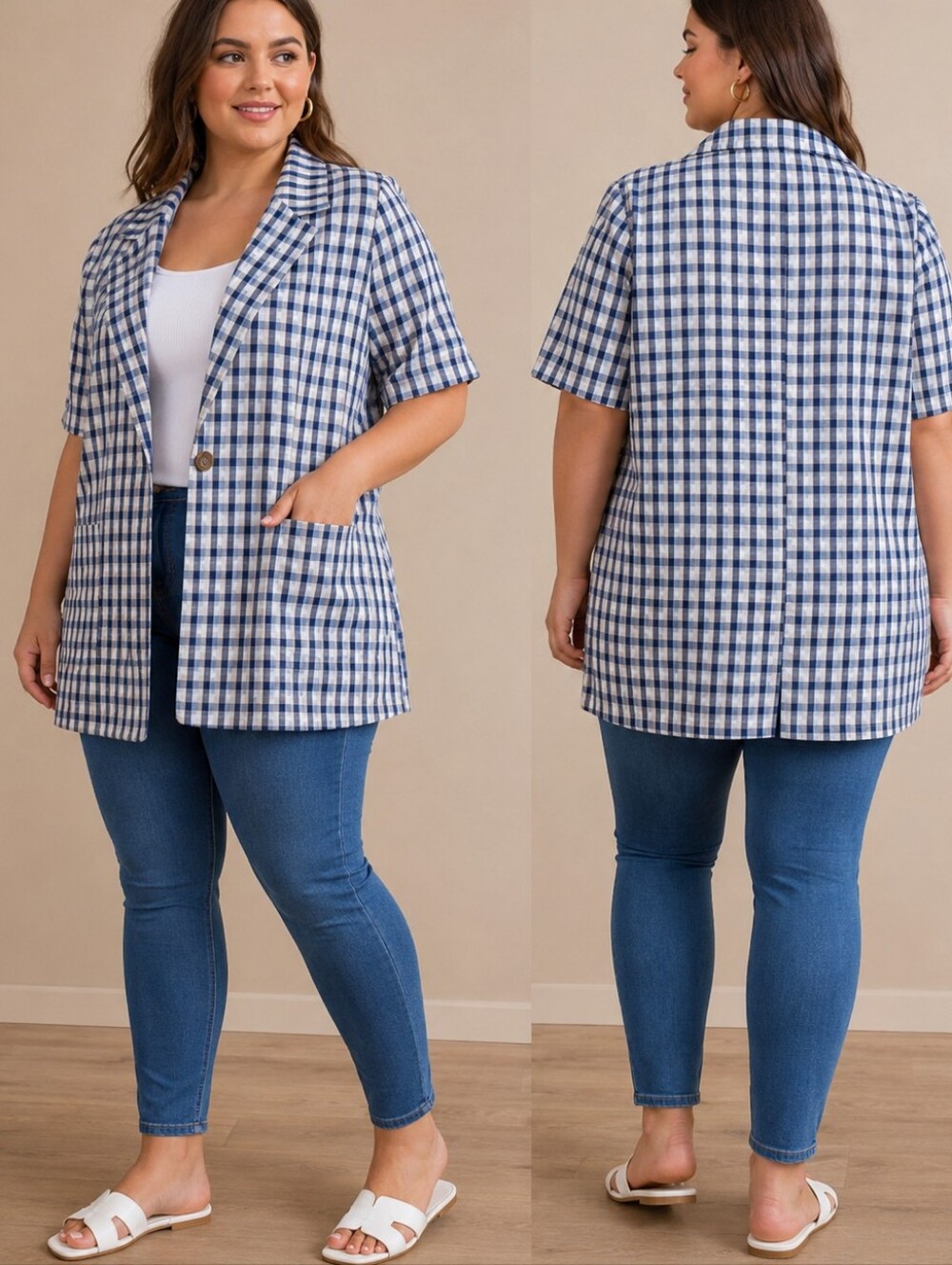 Linen Blend Plaid Blazer Short Sleeve Navy White Beige Requirements